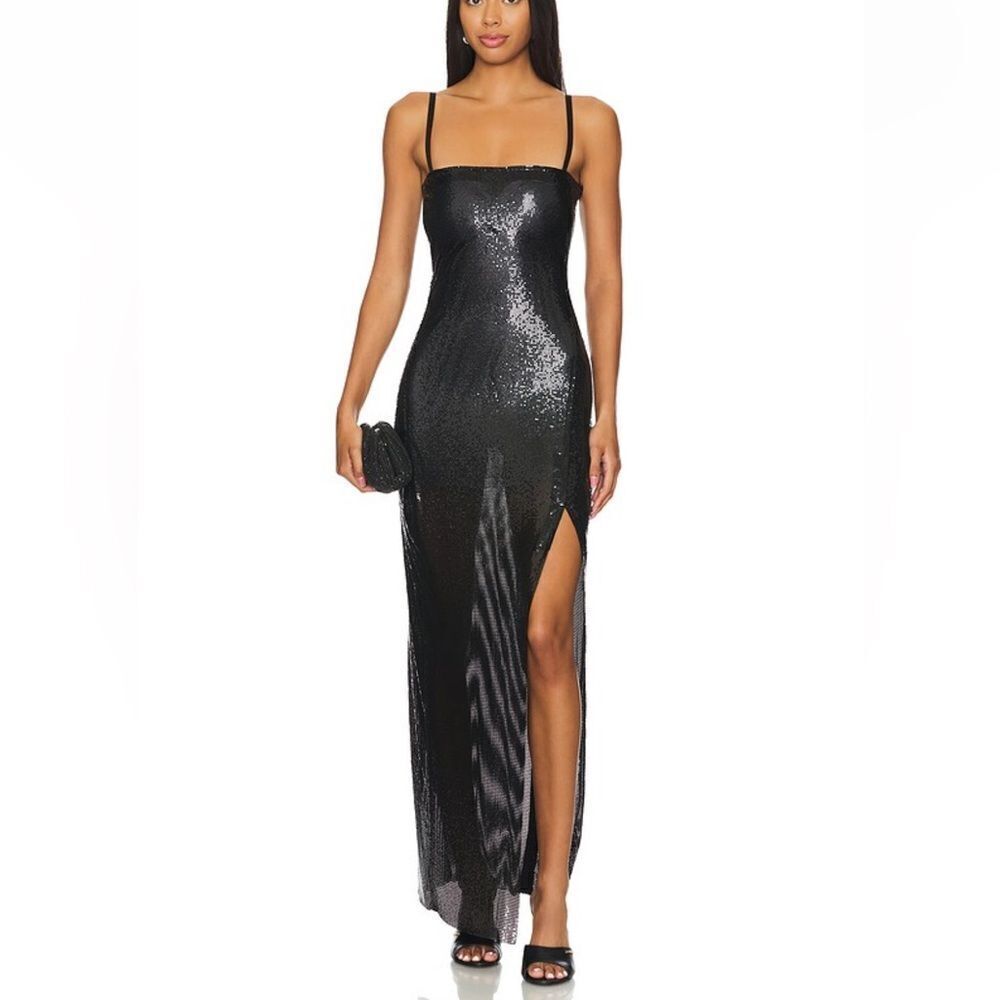 POSTER GIRL Carina Maxi Dress black Gown metal mesh metallic Revolve NWT S